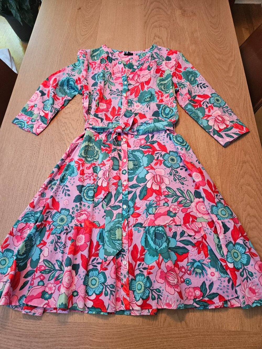 Talbots Petite 8P Pink Teal Floral Cotton Midi Dress Tiered Belted Shirtdress